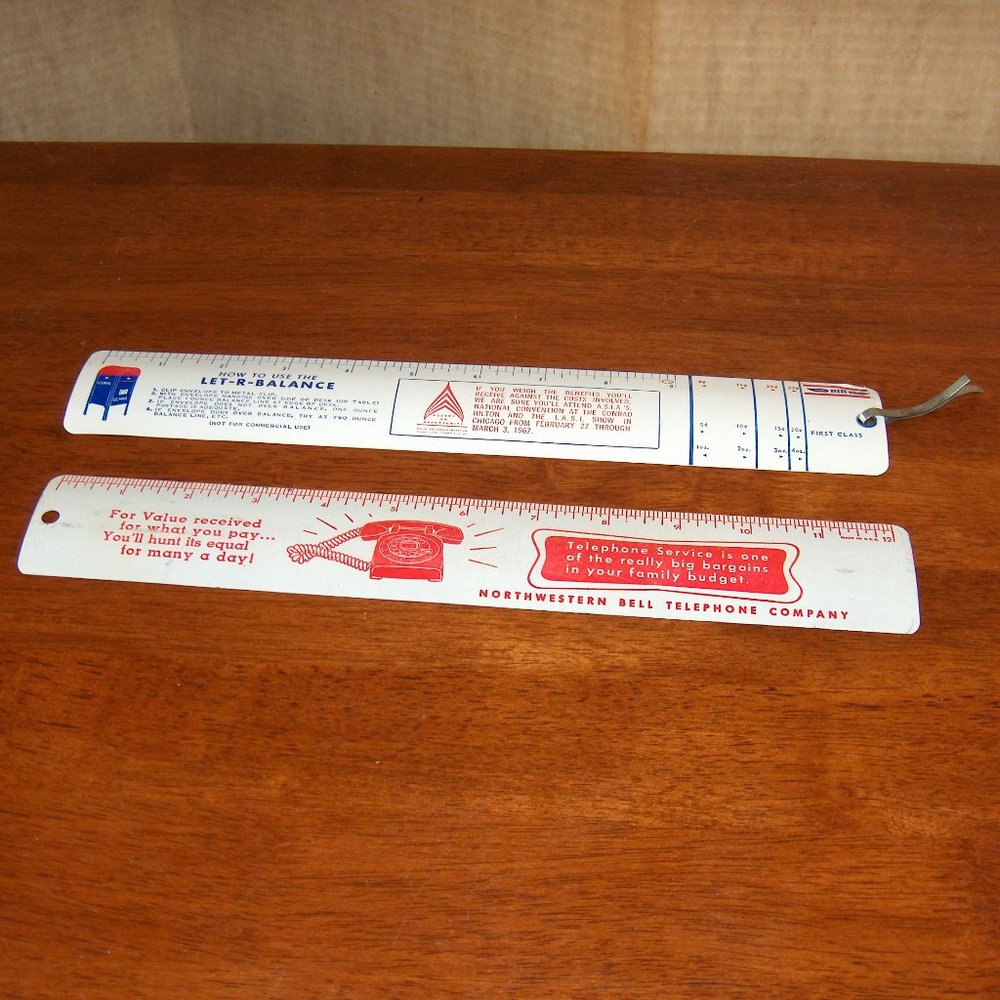 Metal Rulers, Vintage, Northwestern Bell Telephone, and Postal Scale